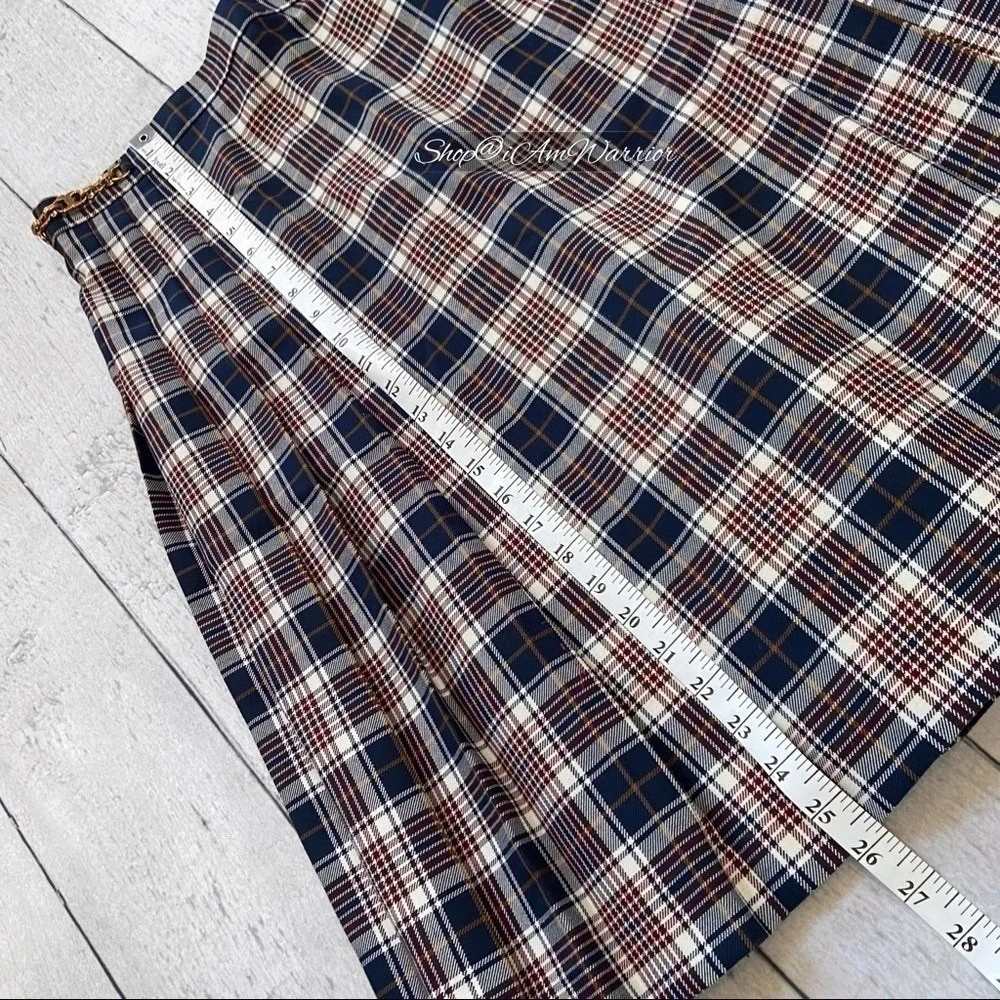 Tory Burch pleated navy, ivory & burgundy plaid skirt shop@iamwarrior